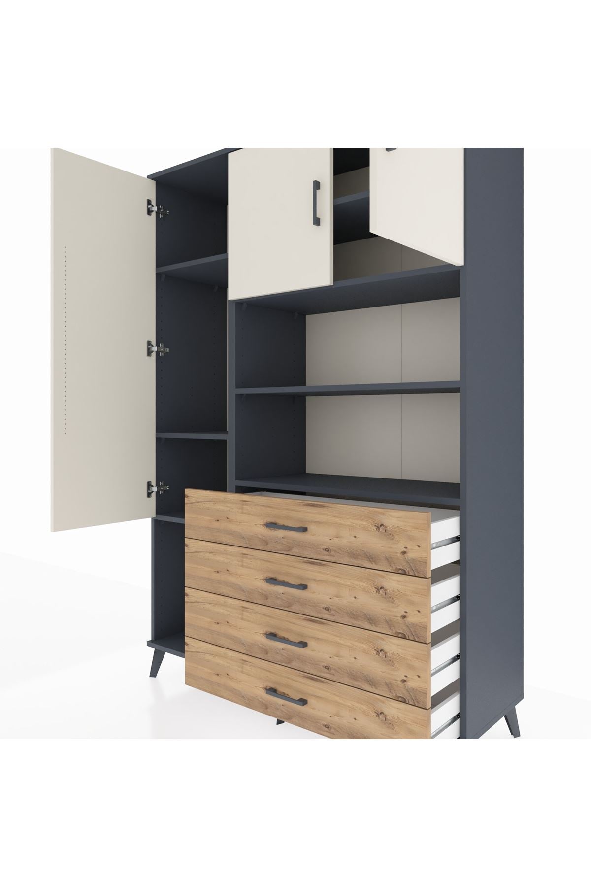 Hyperion Dolap 7 Raflı 4 Çekmeceli 3 Kapaklı 132x44x195 Antrasit-Aytaşı/Çam