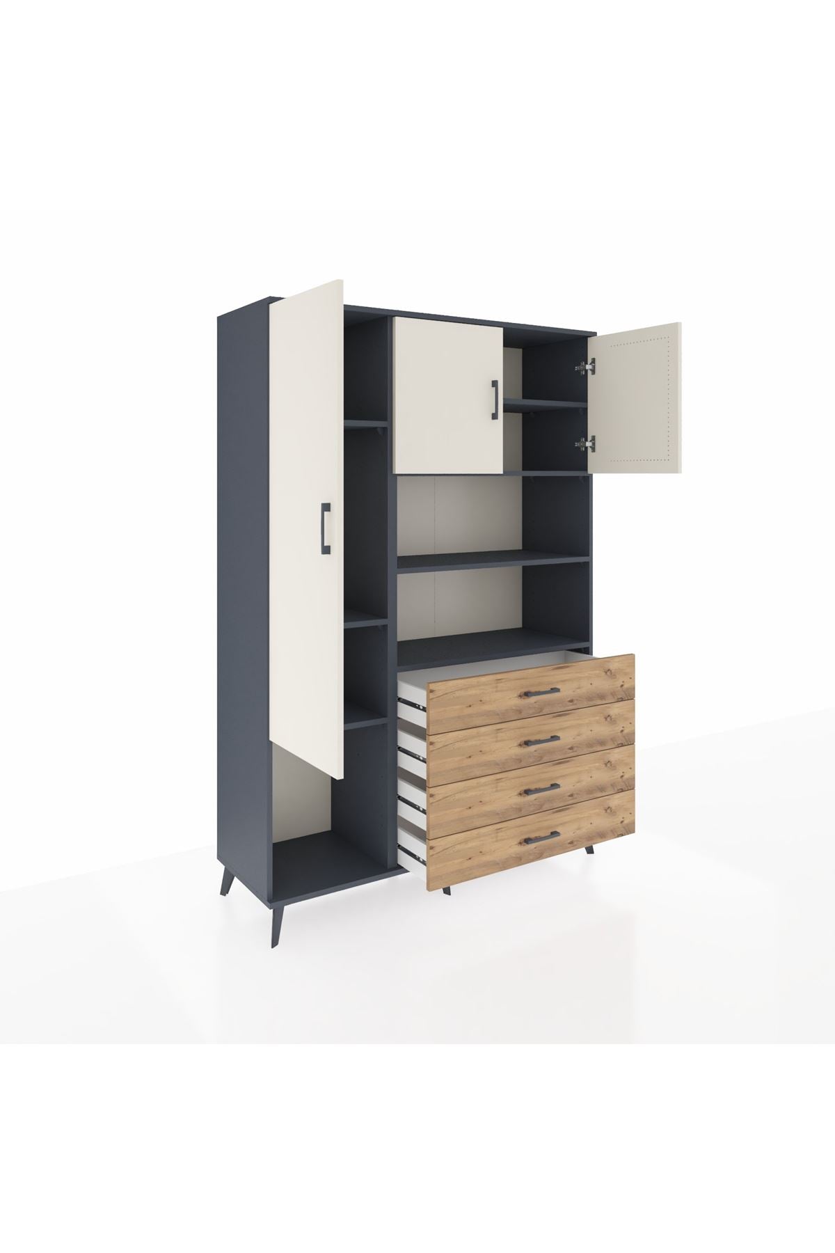 Hyperion Dolap 7 Raflı 4 Çekmeceli 3 Kapaklı 132x44x195 Antrasit-Aytaşı/Çam