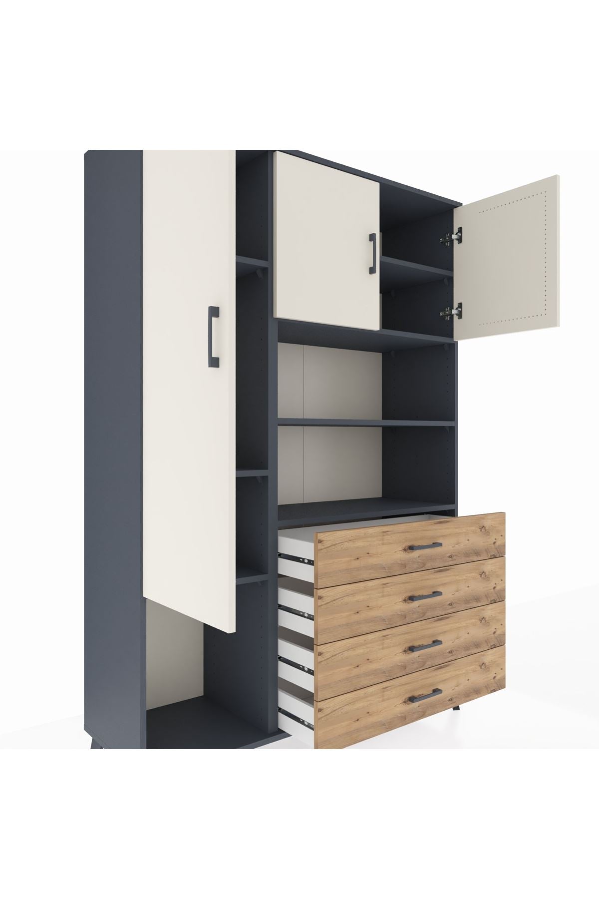 Hyperion Dolap 7 Raflı 4 Çekmeceli 3 Kapaklı 132x44x195 Antrasit-Aytaşı/Çam