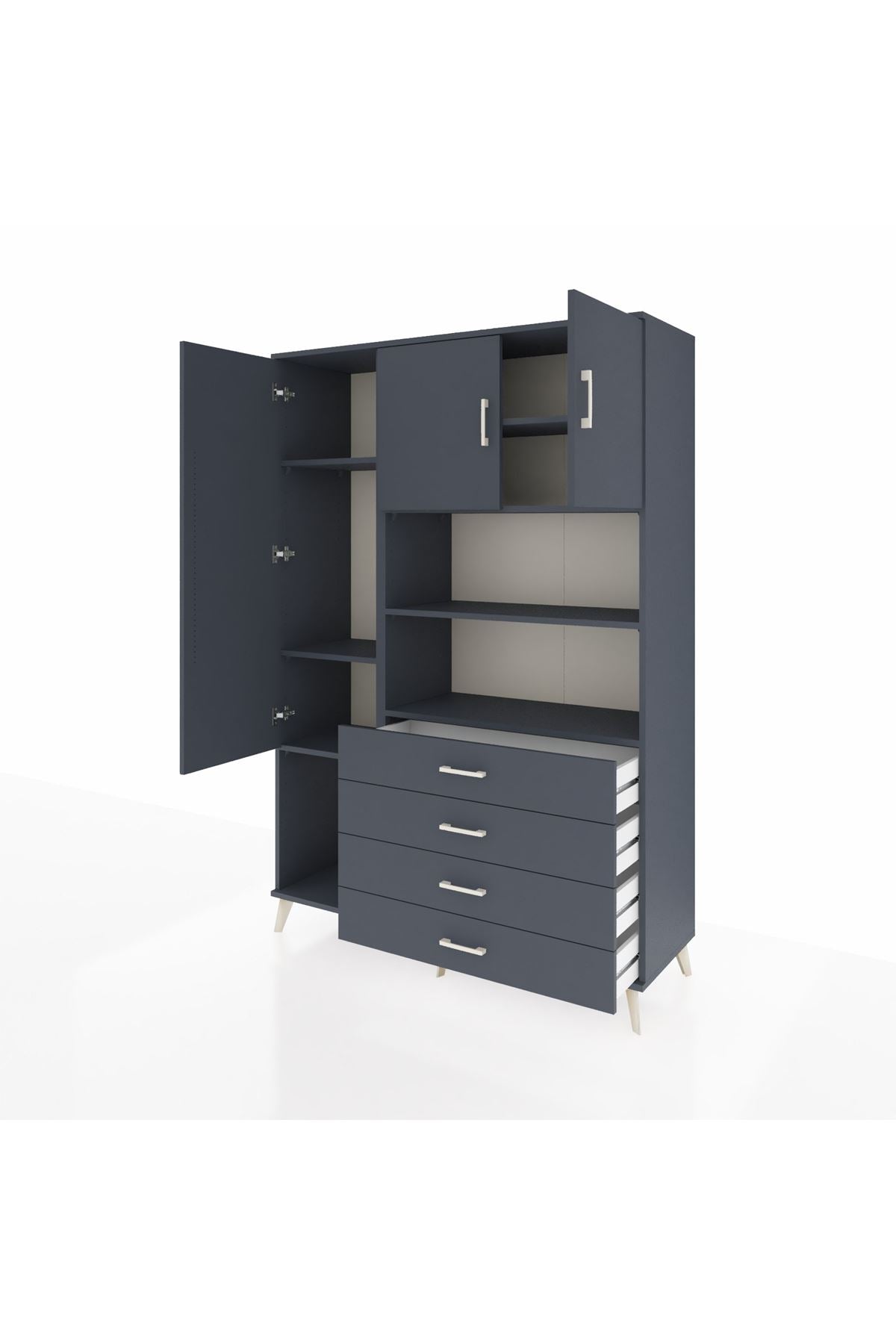 Hyperion Dolap 7 Raflı 4 Çekmeceli 3 Kapaklı 132x44x195 Antrasit-Antrasit/Antrasit