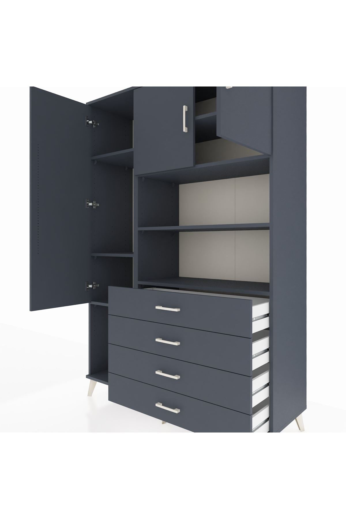 Hyperion Dolap 7 Raflı 4 Çekmeceli 3 Kapaklı 132x44x195 Antrasit-Antrasit/Antrasit