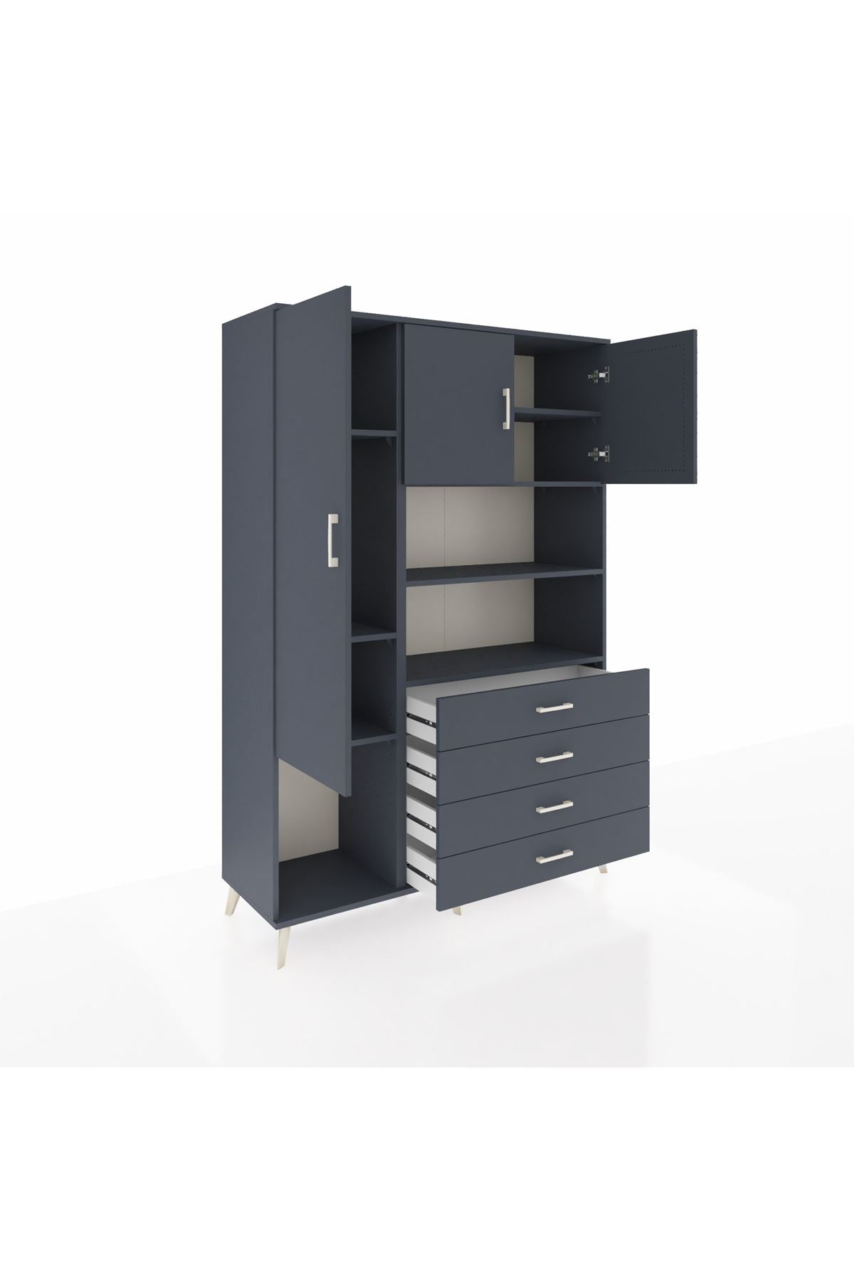 Hyperion Dolap 7 Raflı 4 Çekmeceli 3 Kapaklı 132x44x195 Antrasit-Antrasit/Antrasit