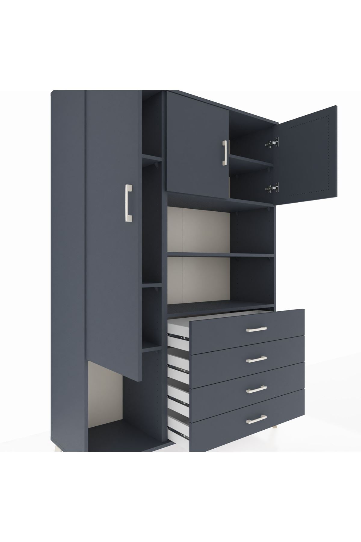 Hyperion Dolap 7 Raflı 4 Çekmeceli 3 Kapaklı 132x44x195 Antrasit-Antrasit/Antrasit