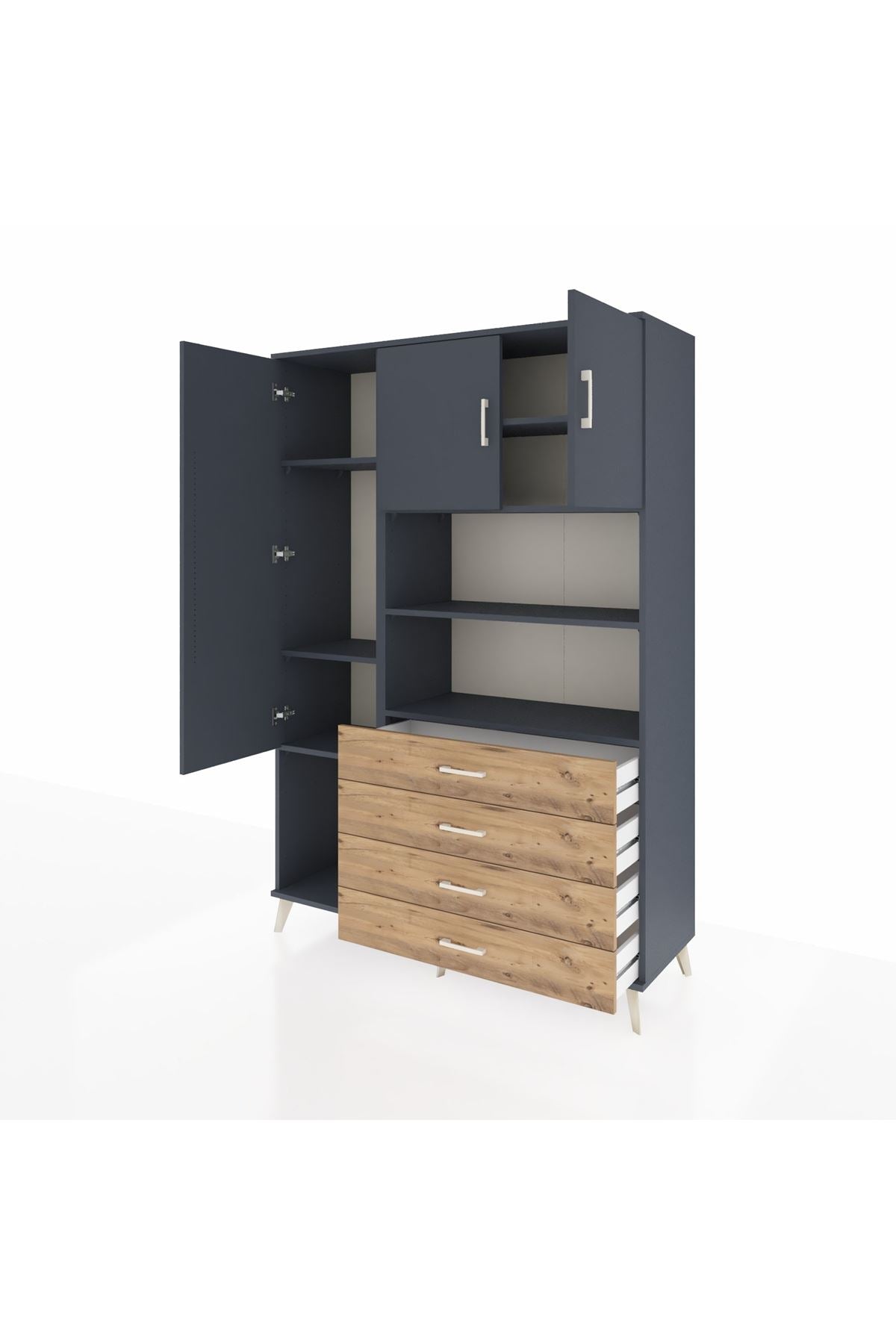 Hyperion Dolap 7 Raflı 4 Çekmeceli 3 Kapaklı 132x44x195 Antrasit-Antrasit/Çam