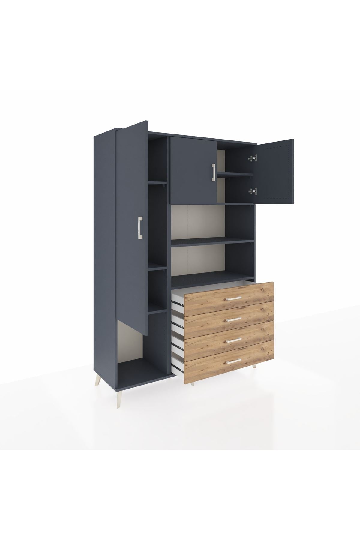 Hyperion Dolap 7 Raflı 4 Çekmeceli 3 Kapaklı 132x44x195 Antrasit-Antrasit/Çam