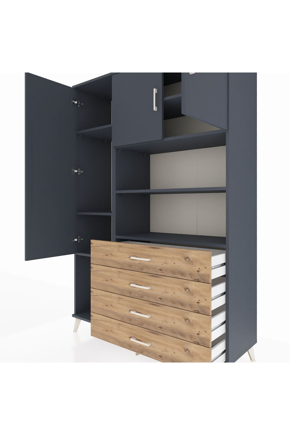 Hyperion Dolap 7 Raflı 4 Çekmeceli 3 Kapaklı 132x44x195 Antrasit-Antrasit/Çam