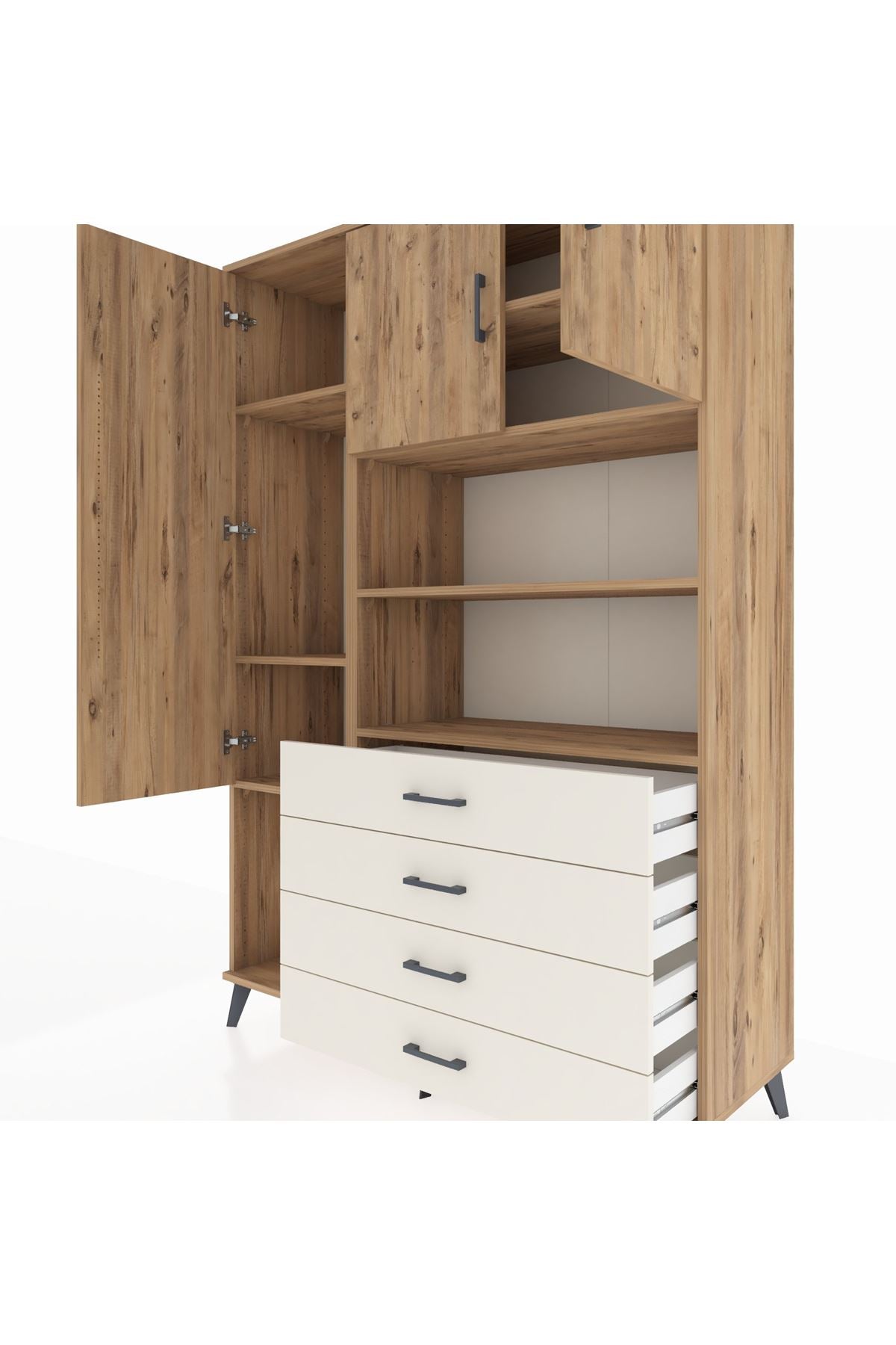 Hyperion Dolap 7 Raflı 4 Çekmeceli 3 Kapaklı 132x44x195 Çam-Çam/Aytaşı