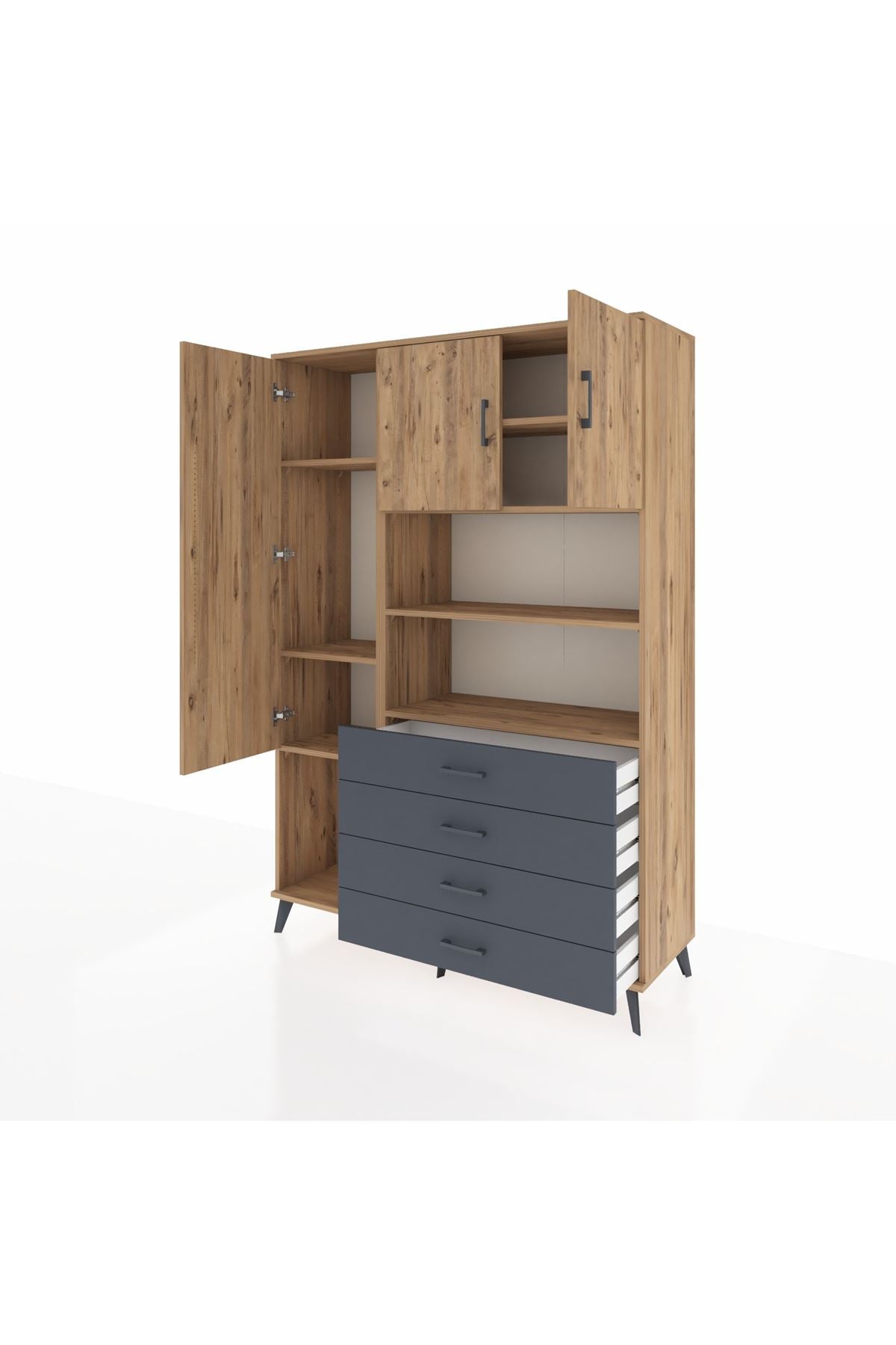 Hyperion Dolap 7 Raflı 4 Çekmeceli 3 Kapaklı 132x44x195 Çam-Çam/Antrasit