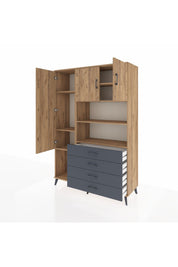 Hyperion Dolap 7 Raflı 4 Çekmeceli 3 Kapaklı 132x44x195 Çam-Çam/Antrasit