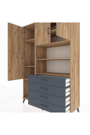 Hyperion Dolap 7 Raflı 4 Çekmeceli 3 Kapaklı 132x44x195 Çam-Çam/Antrasit