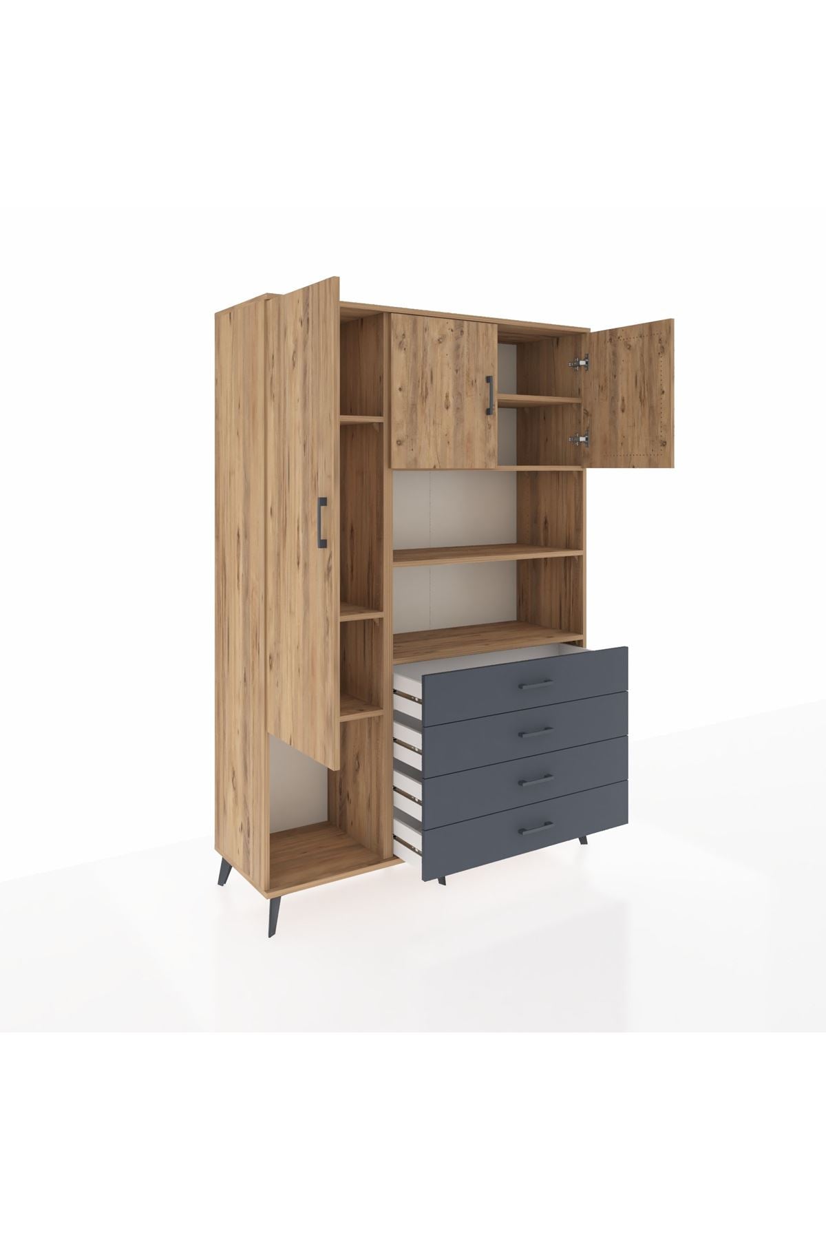 Hyperion Dolap 7 Raflı 4 Çekmeceli 3 Kapaklı 132x44x195 Çam-Çam/Antrasit