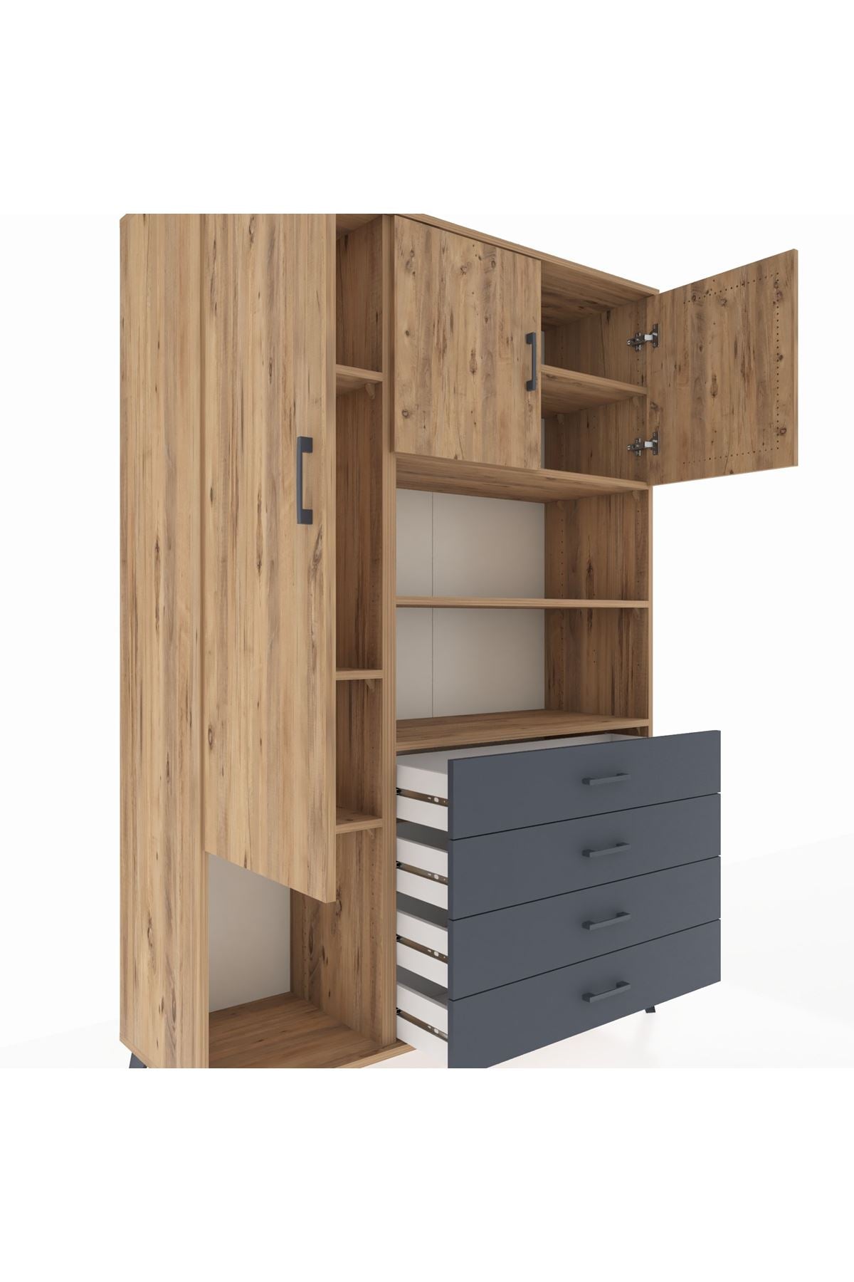 Hyperion Dolap 7 Raflı 4 Çekmeceli 3 Kapaklı 132x44x195 Çam-Çam/Antrasit