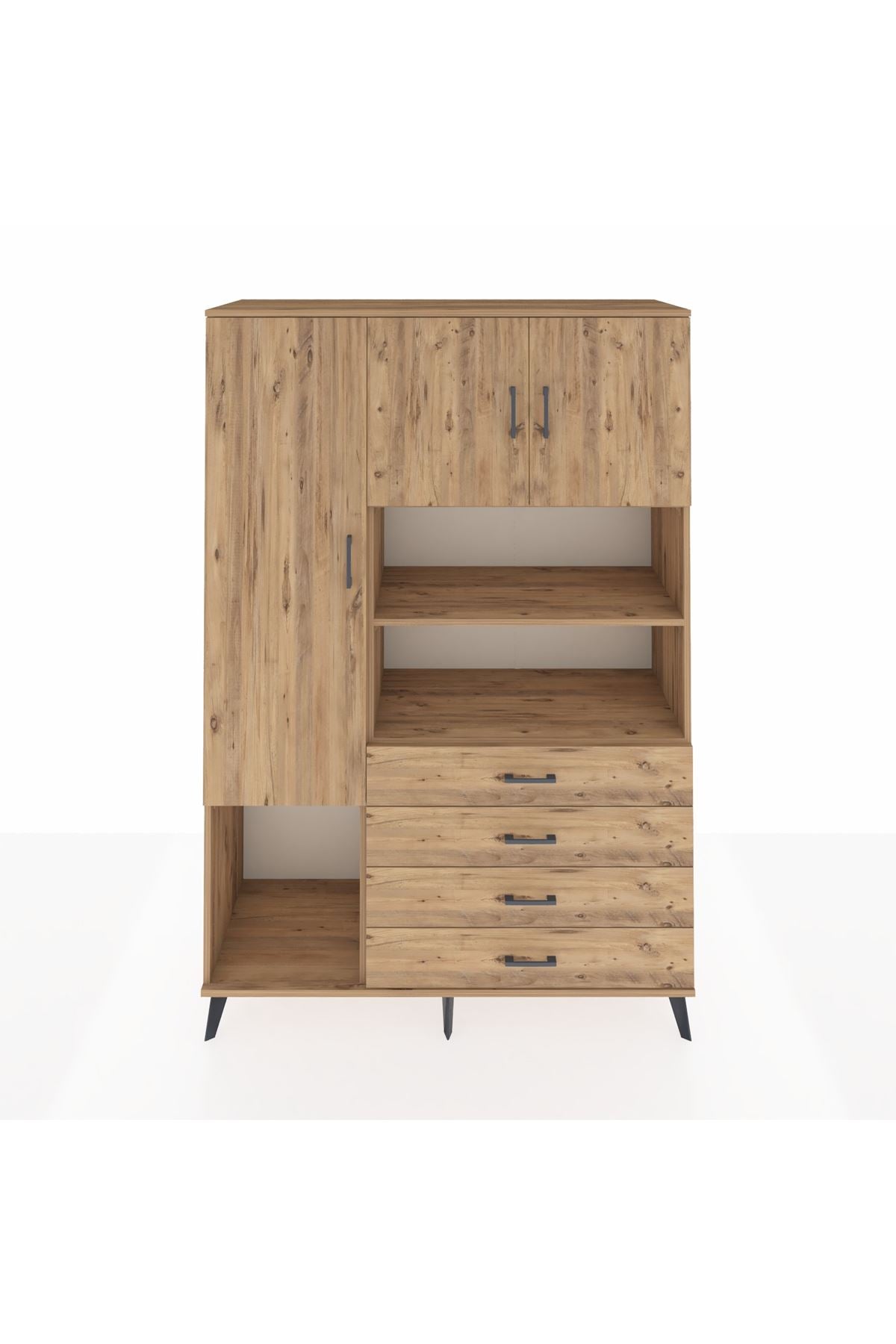 Hyperion Dolap 7 Raflı 4 Çekmeceli 3 Kapaklı 132x44x195 Çam-Çam/Çam