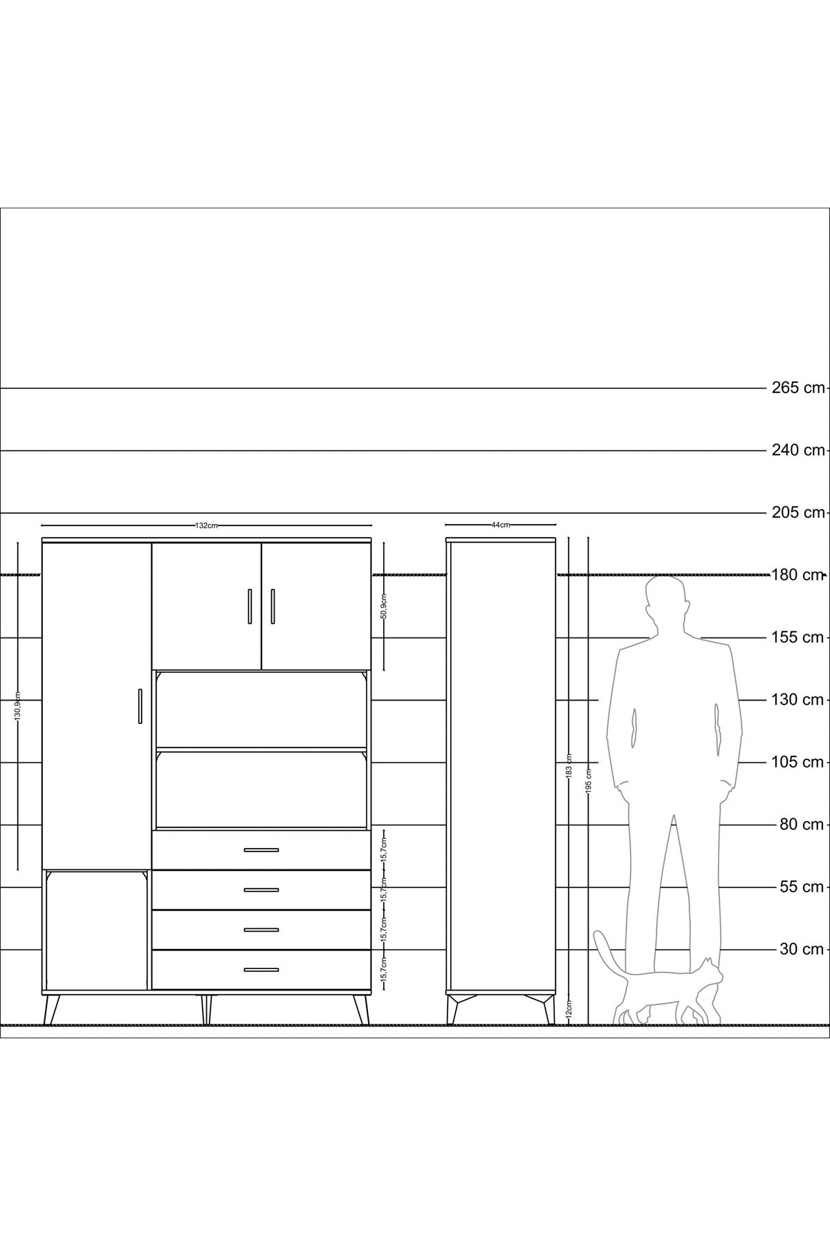Hyperion Dolap 7 Raflı 4 Çekmeceli 3 Kapaklı 132x44x195 Çam-Çam/Antrasit