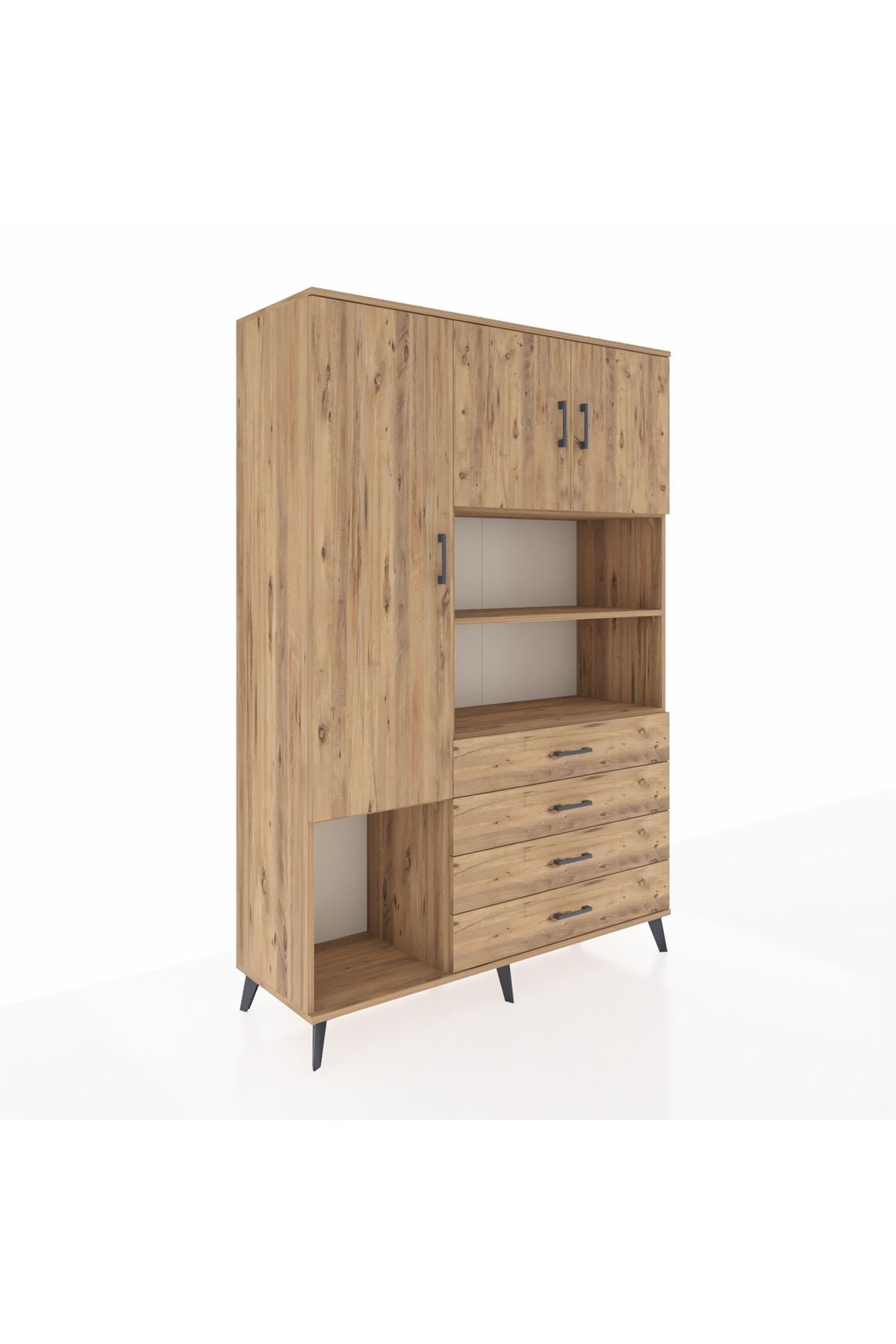 Hyperion Dolap 7 Raflı 4 Çekmeceli 3 Kapaklı 132x44x195 Çam-Çam/Çam