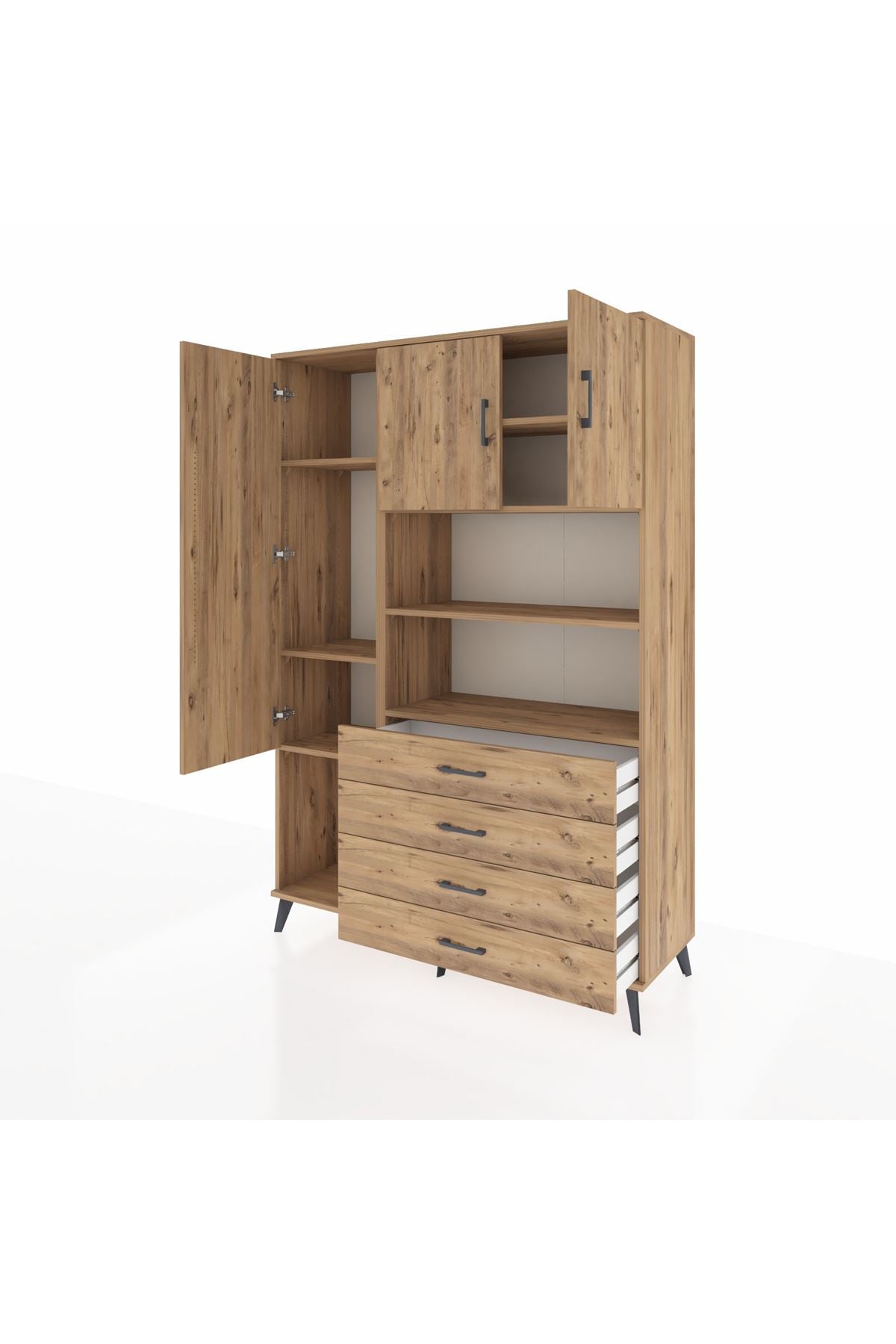 Hyperion Dolap 7 Raflı 4 Çekmeceli 3 Kapaklı 132x44x195 Çam-Çam/Çam