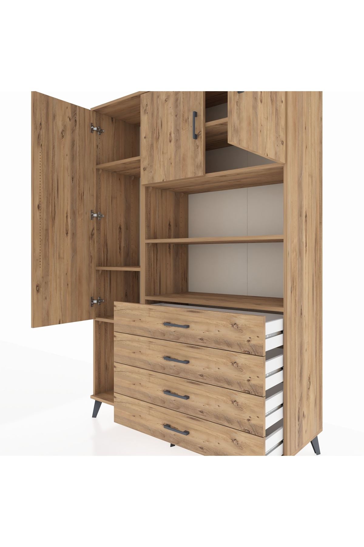 Hyperion Dolap 7 Raflı 4 Çekmeceli 3 Kapaklı 132x44x195 Çam-Çam/Çam