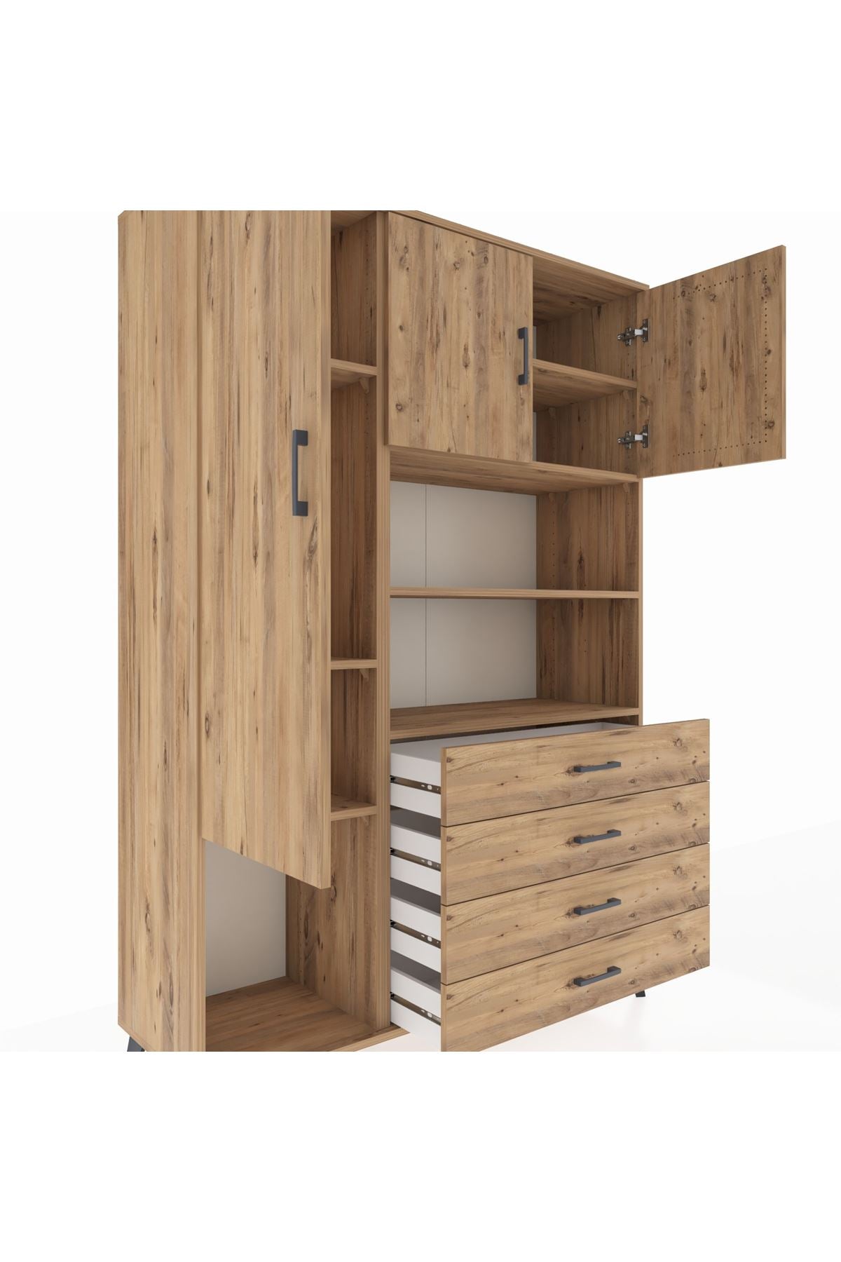 Hyperion Dolap 7 Raflı 4 Çekmeceli 3 Kapaklı 132x44x195 Çam-Çam/Çam