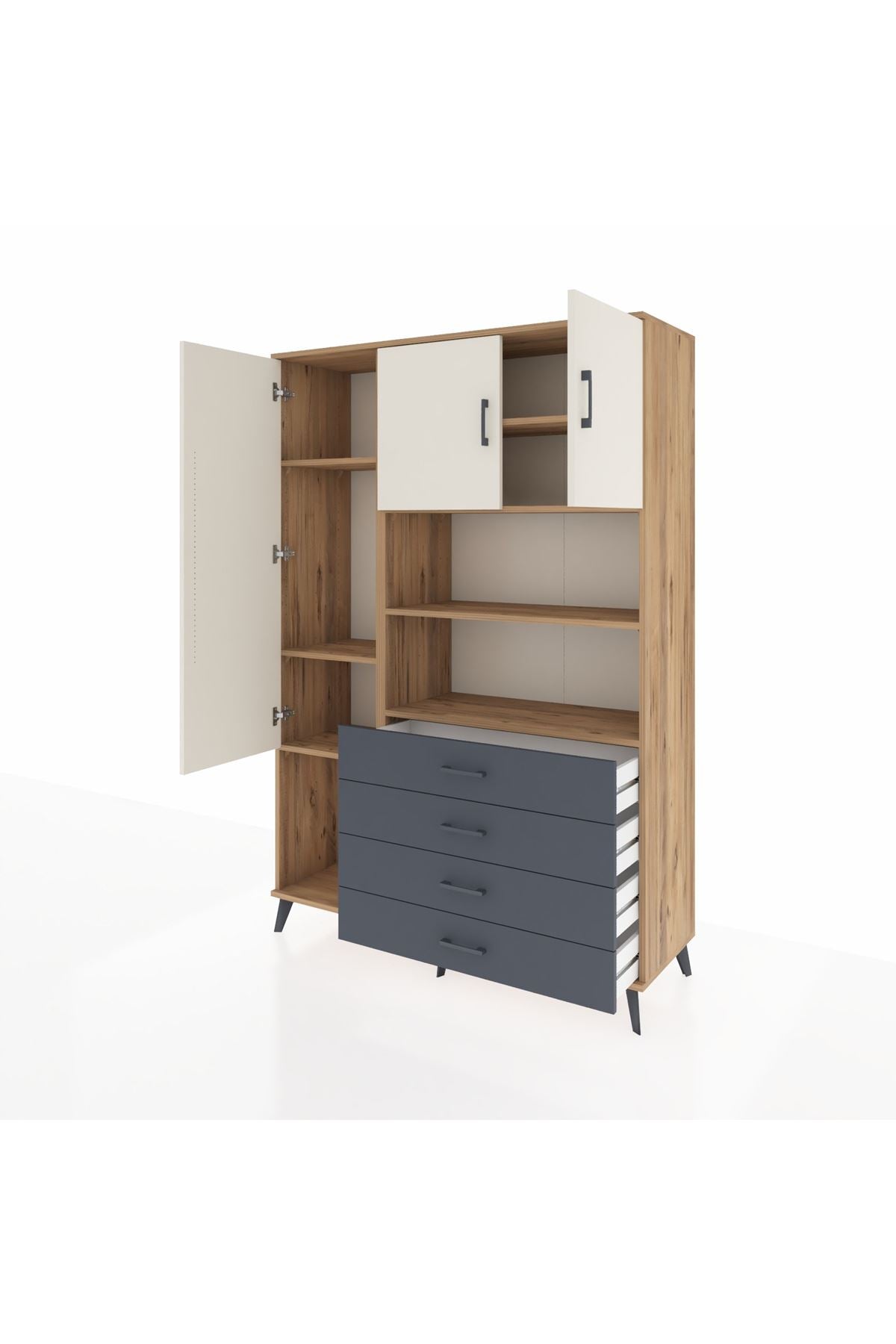 Hyperion Dolap 7 Raflı 4 Çekmeceli 3 Kapaklı 132x44x195 Çam-Aytaşı/Antrasit