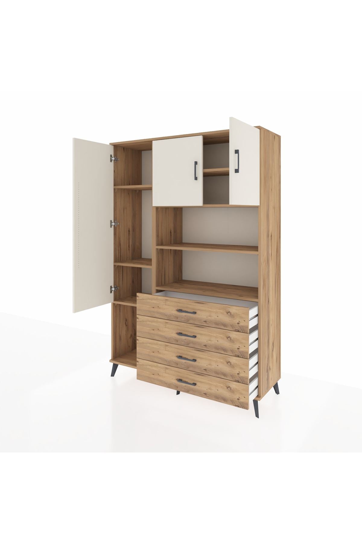 Hyperion Dolap 7 Raflı 4 Çekmeceli 3 Kapaklı 132x44x195 Çam-Aytaşı/Çam