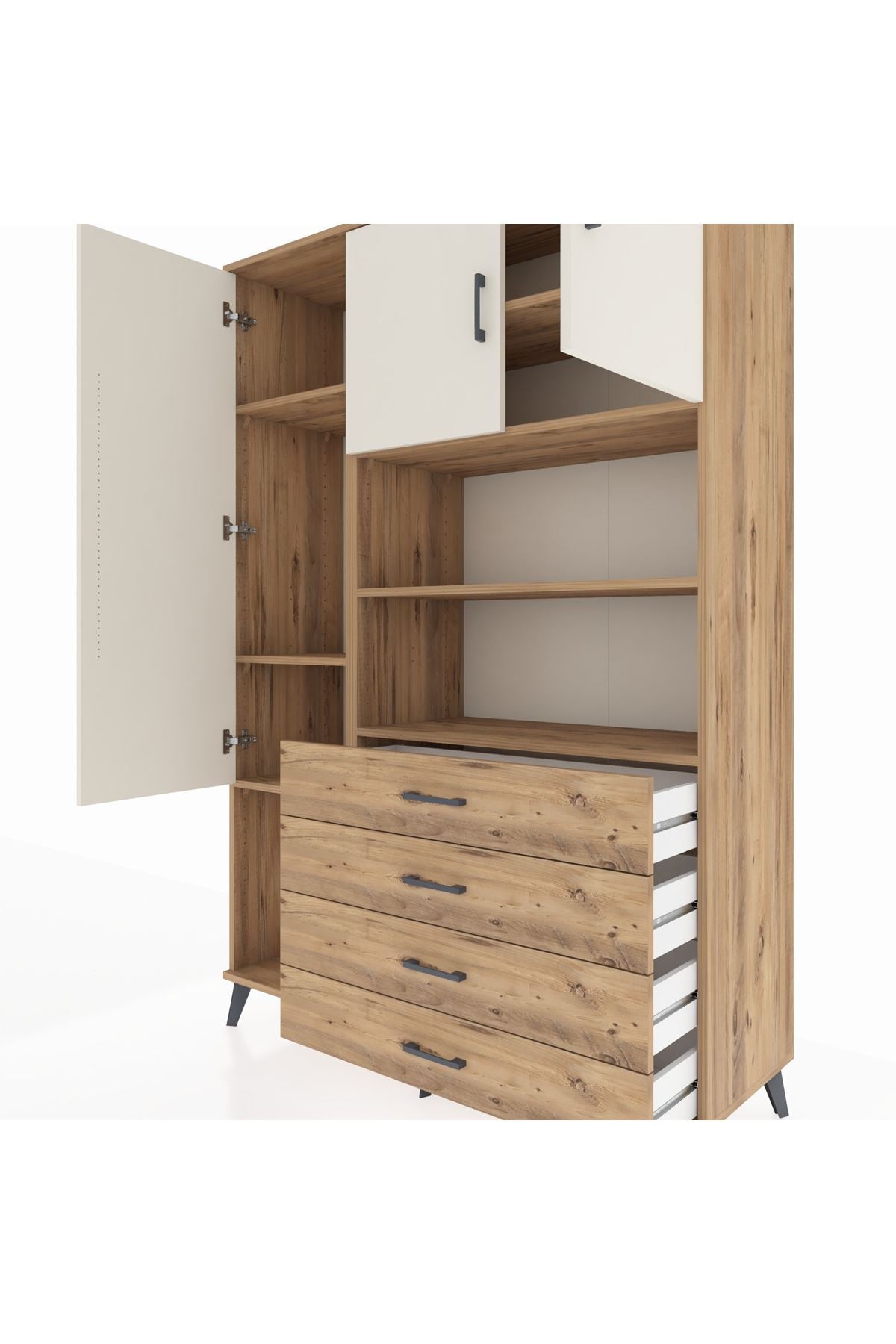 Hyperion Dolap 7 Raflı 4 Çekmeceli 3 Kapaklı 132x44x195 Çam-Aytaşı/Çam