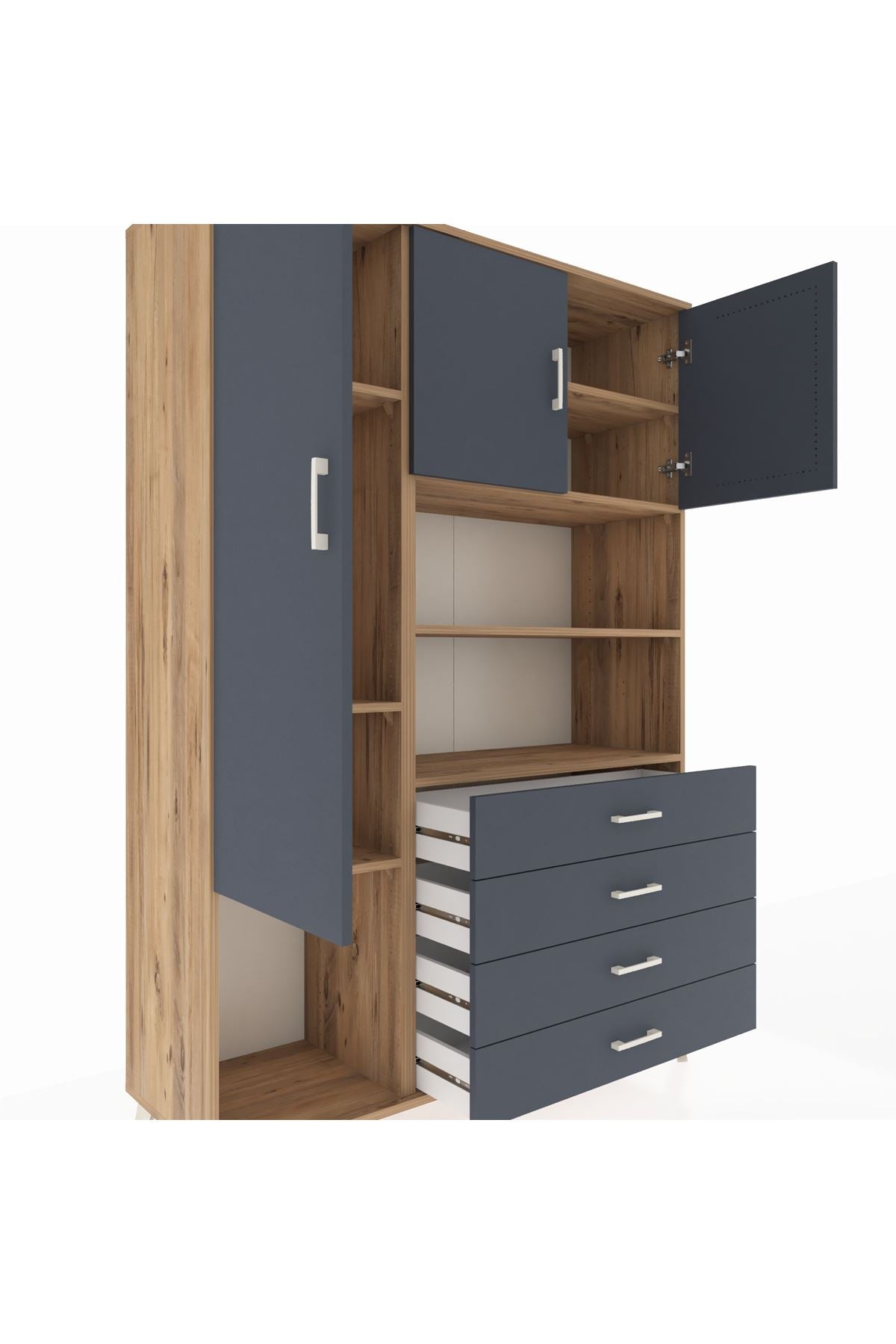 Hyperion Dolap 7 Raflı 4 Çekmeceli 3 Kapaklı 132x44x195 Çam-Antrasit/Antrasit