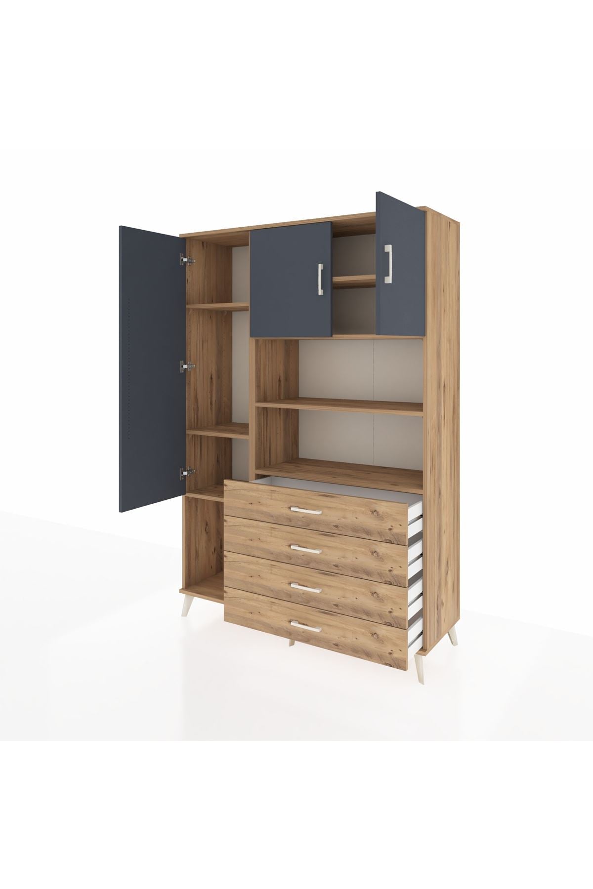 Hyperion Dolap 7 Raflı 4 Çekmeceli 3 Kapaklı 132x44x195 Çam-Antrasit/Çam