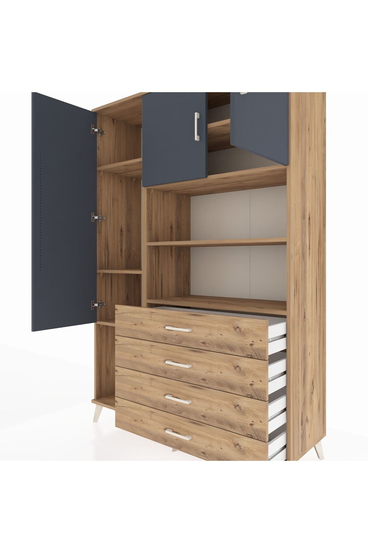 Hyperion Dolap 7 Raflı 4 Çekmeceli 3 Kapaklı 132x44x195 Çam-Antrasit/Çam