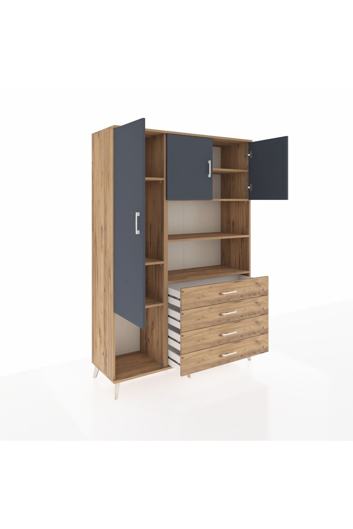 Hyperion Dolap 7 Raflı 4 Çekmeceli 3 Kapaklı 132x44x195 Çam-Antrasit/Çam