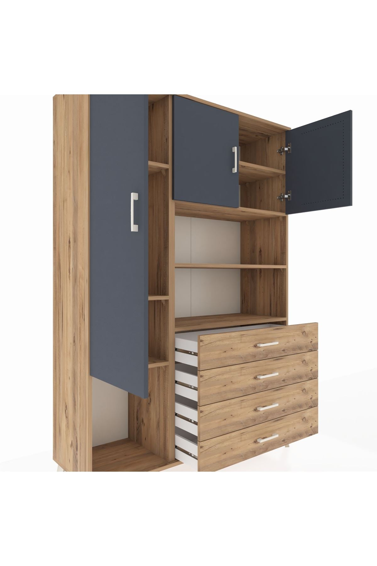 Hyperion Dolap 7 Raflı 4 Çekmeceli 3 Kapaklı 132x44x195 Çam-Antrasit/Çam