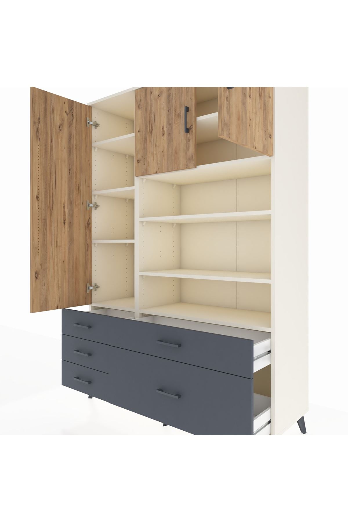 Hyperion Dolap 9 Raflı 5 Çekmeceli 3 Kapaklı 132x44x195 Aytaşı-Çam/Antrasit