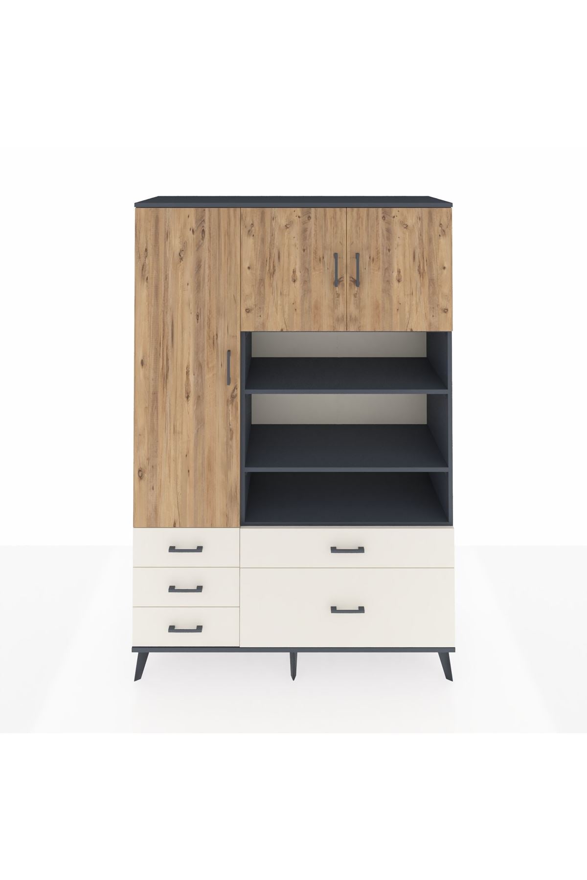 Hyperion Dolap 9 Raflı 5 Çekmeceli 3 Kapaklı 132x44x195 Antrasit-Çam/Aytaşı