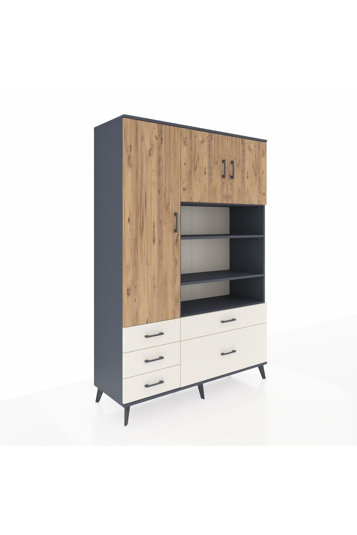 Hyperion Dolap 9 Raflı 5 Çekmeceli 3 Kapaklı 132x44x195 Antrasit-Çam/Aytaşı