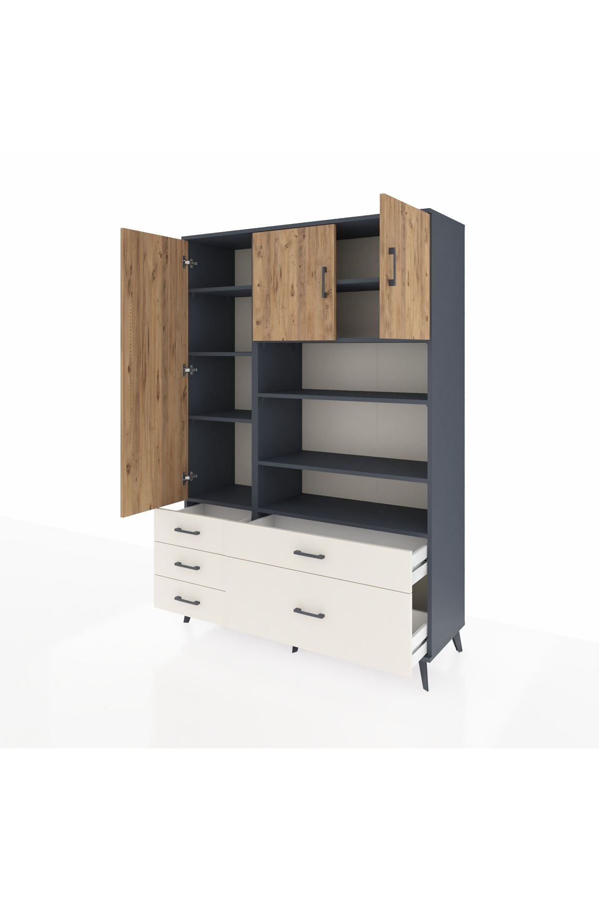 Hyperion Dolap 9 Raflı 5 Çekmeceli 3 Kapaklı 132x44x195 Antrasit-Çam/Aytaşı