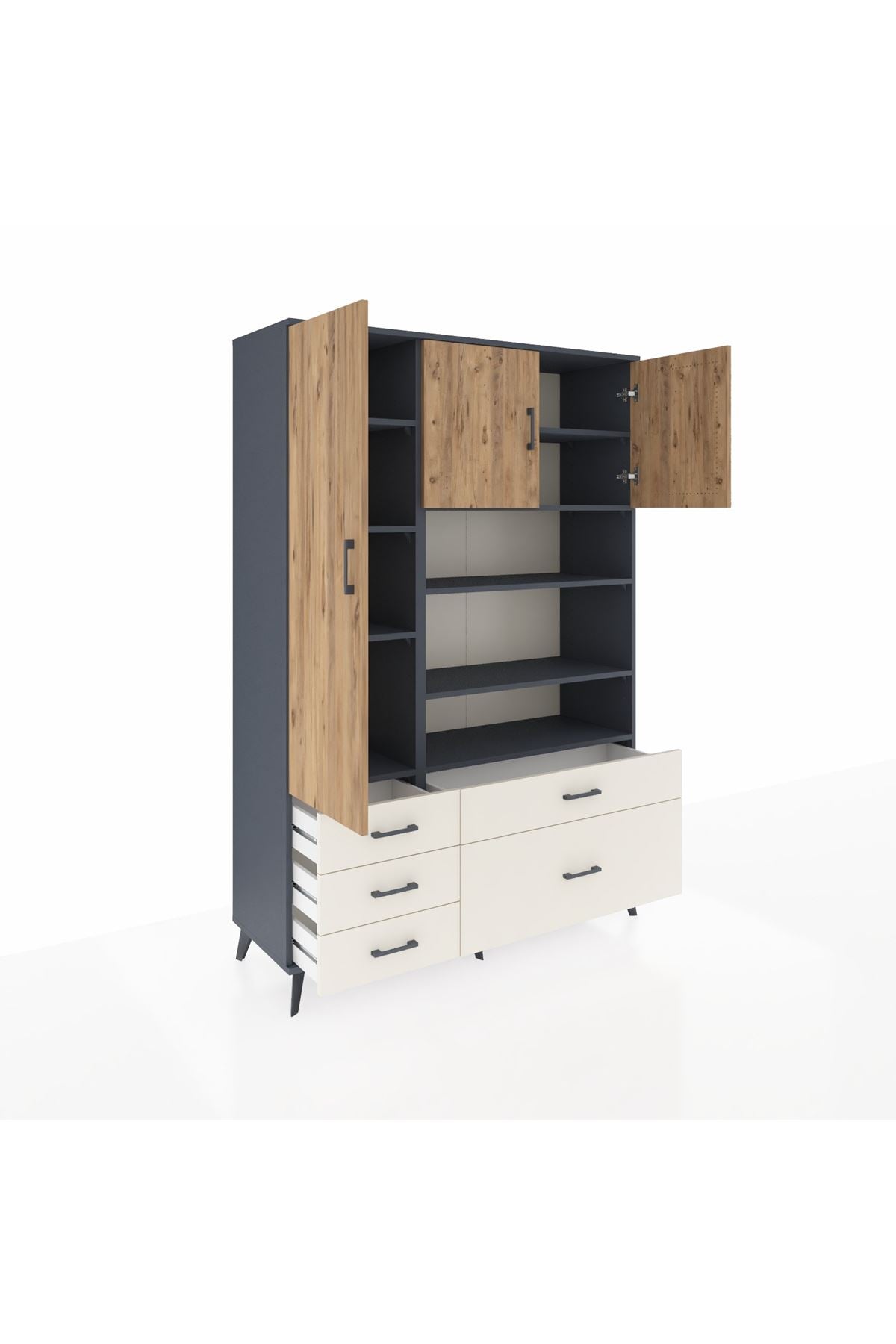 Hyperion Dolap 9 Raflı 5 Çekmeceli 3 Kapaklı 132x44x195 Antrasit-Çam/Aytaşı