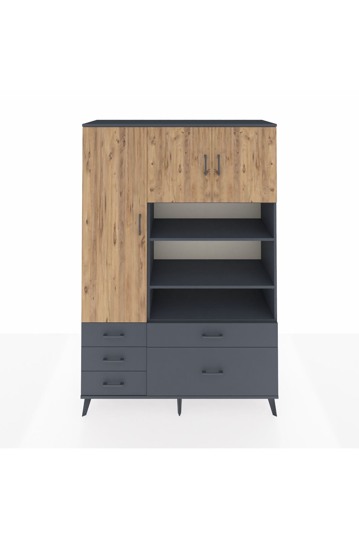 Hyperion Dolap 9 Raflı 5 Çekmeceli 3 Kapaklı 132x44x195 Antrasit-Çam/Antrasit