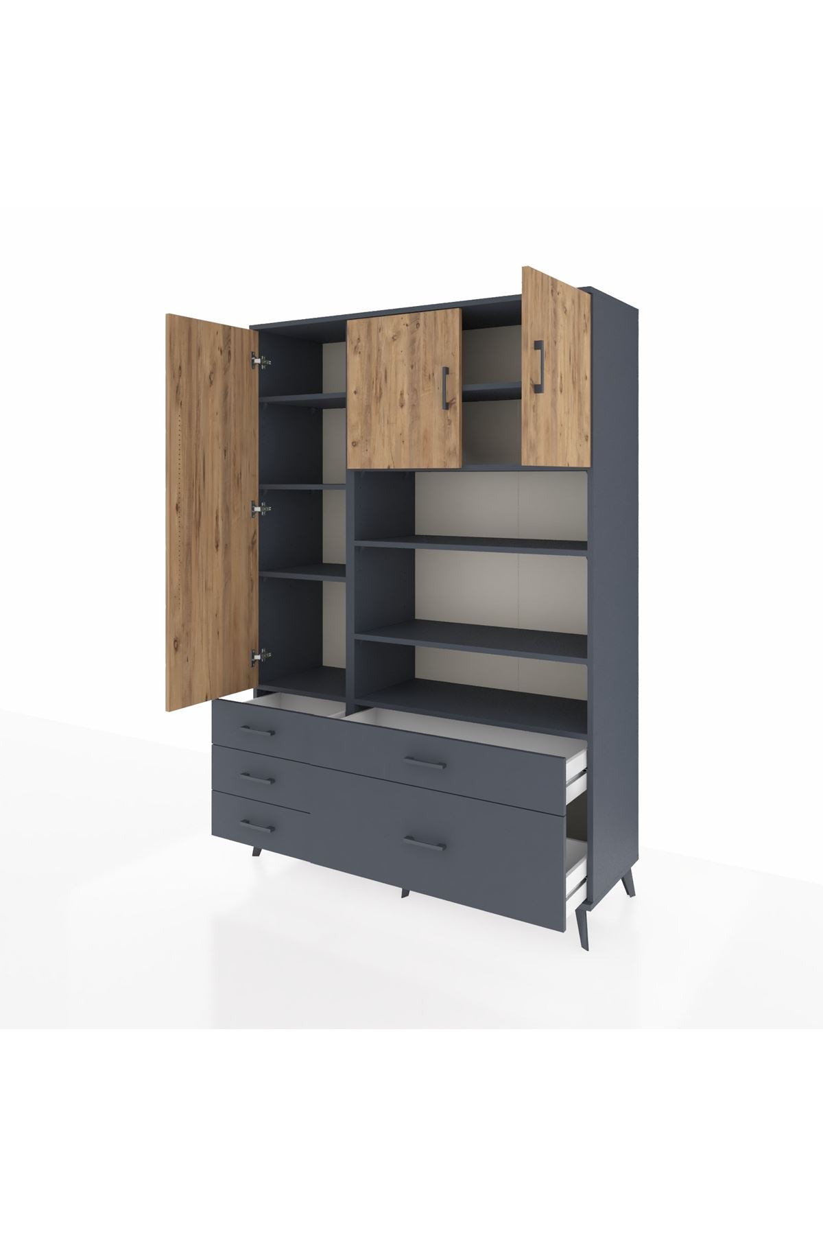 Hyperion Dolap 9 Raflı 5 Çekmeceli 3 Kapaklı 132x44x195 Antrasit-Çam/Antrasit