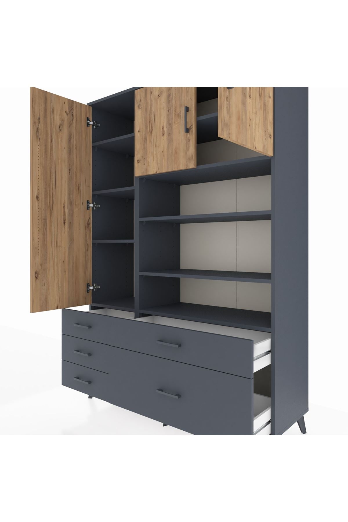 Hyperion Dolap 9 Raflı 5 Çekmeceli 3 Kapaklı 132x44x195 Antrasit-Çam/Antrasit