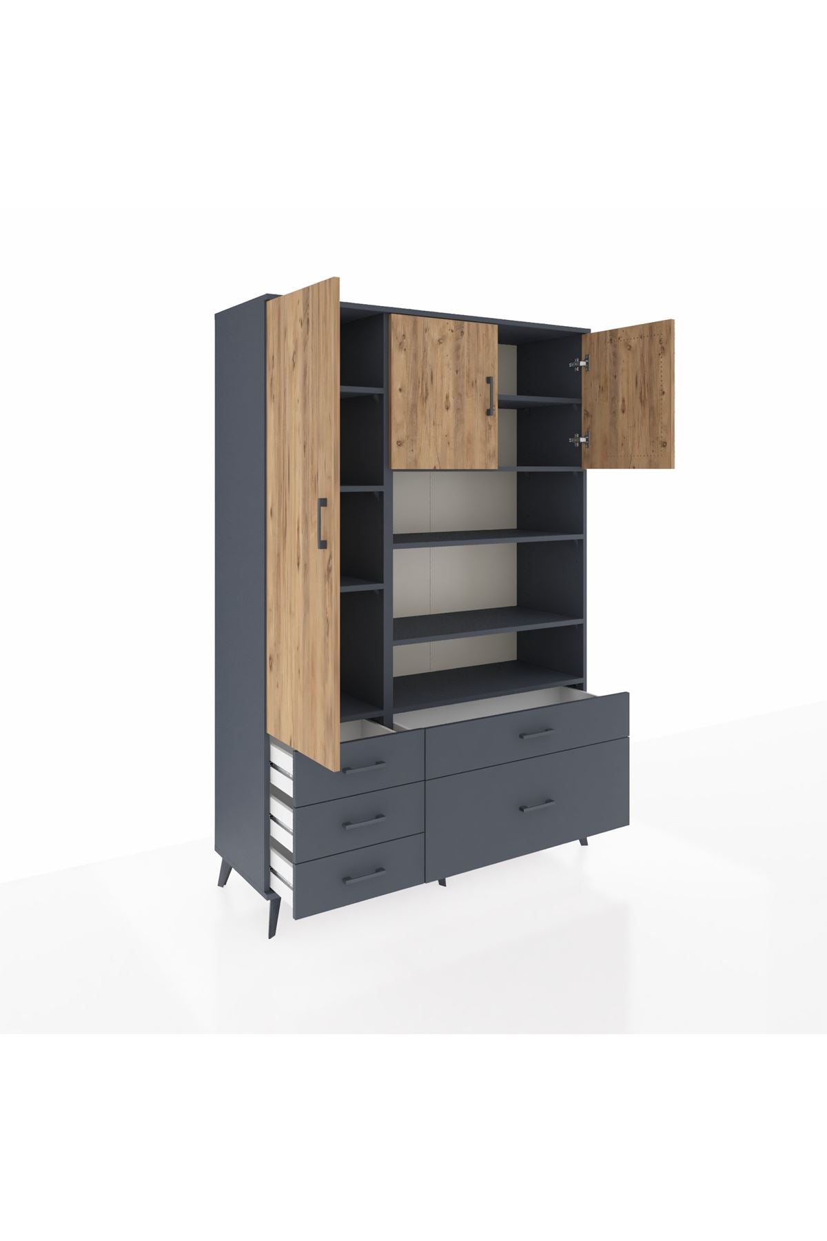 Hyperion Dolap 9 Raflı 5 Çekmeceli 3 Kapaklı 132x44x195 Antrasit-Çam/Antrasit