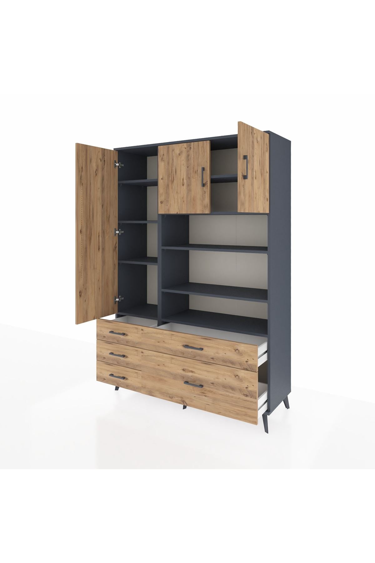 Hyperion Dolap 9 Raflı 5 Çekmeceli 3 Kapaklı 132x44x195 Antrasit-Çam/Çam