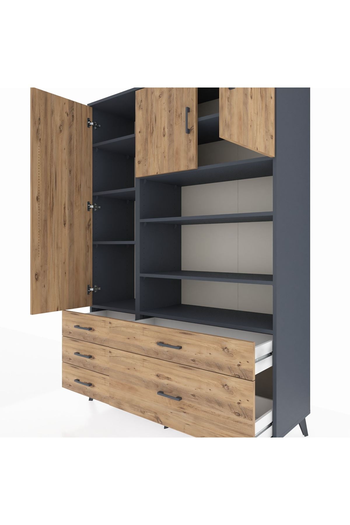 Hyperion Dolap 9 Raflı 5 Çekmeceli 3 Kapaklı 132x44x195 Antrasit-Çam/Çam