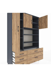 Hyperion Dolap 9 Raflı 5 Çekmeceli 3 Kapaklı 132x44x195 Antrasit-Çam/Çam