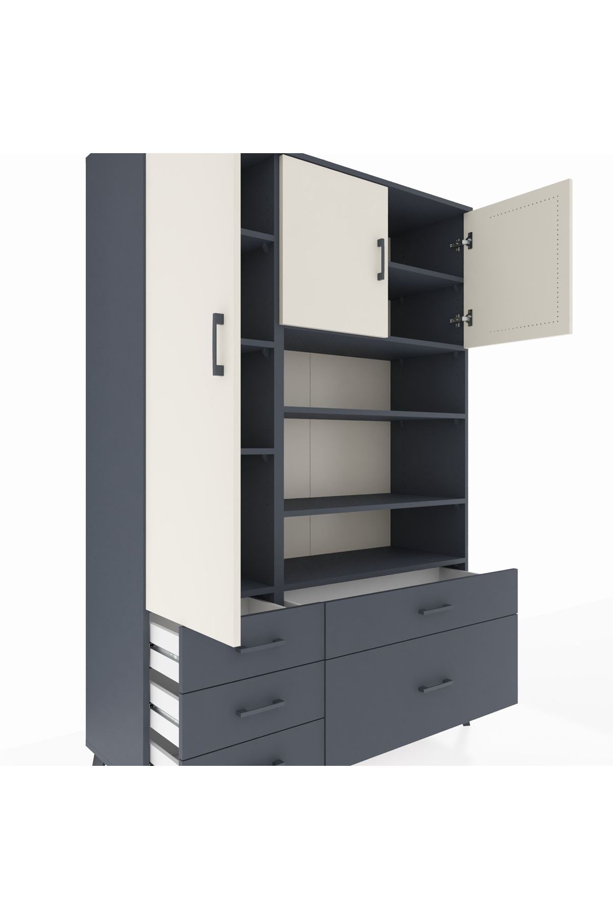 Hyperion Dolap 9 Raflı 5 Çekmeceli 3 Kapaklı 132x44x195 Antrasit-Aytaşı/Antrasit