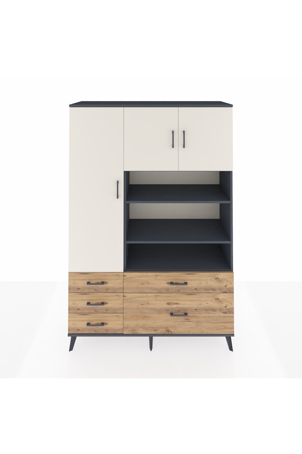 Hyperion Dolap 9 Raflı 5 Çekmeceli 3 Kapaklı 132x44x195 Antrasit-Aytaşı/Çam