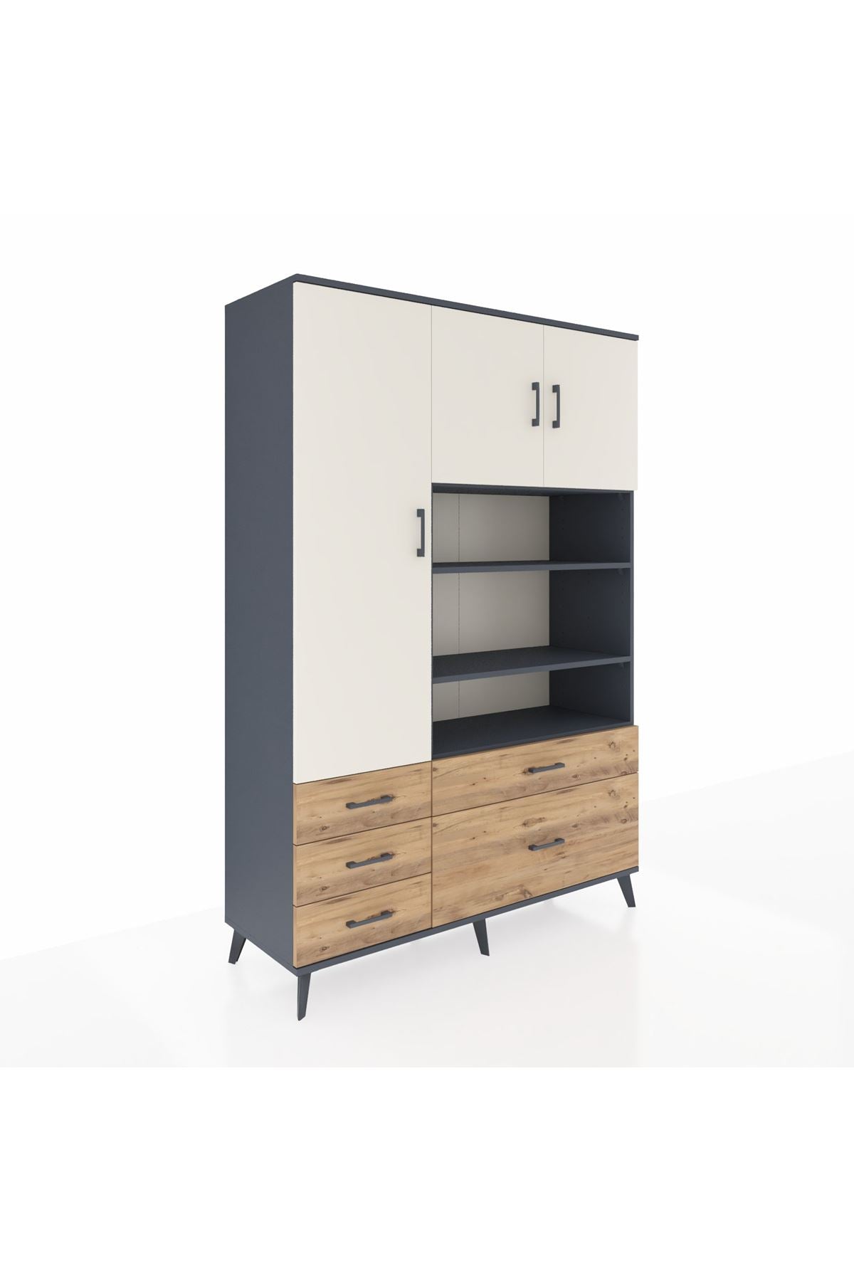 Hyperion Dolap 9 Raflı 5 Çekmeceli 3 Kapaklı 132x44x195 Antrasit-Aytaşı/Çam