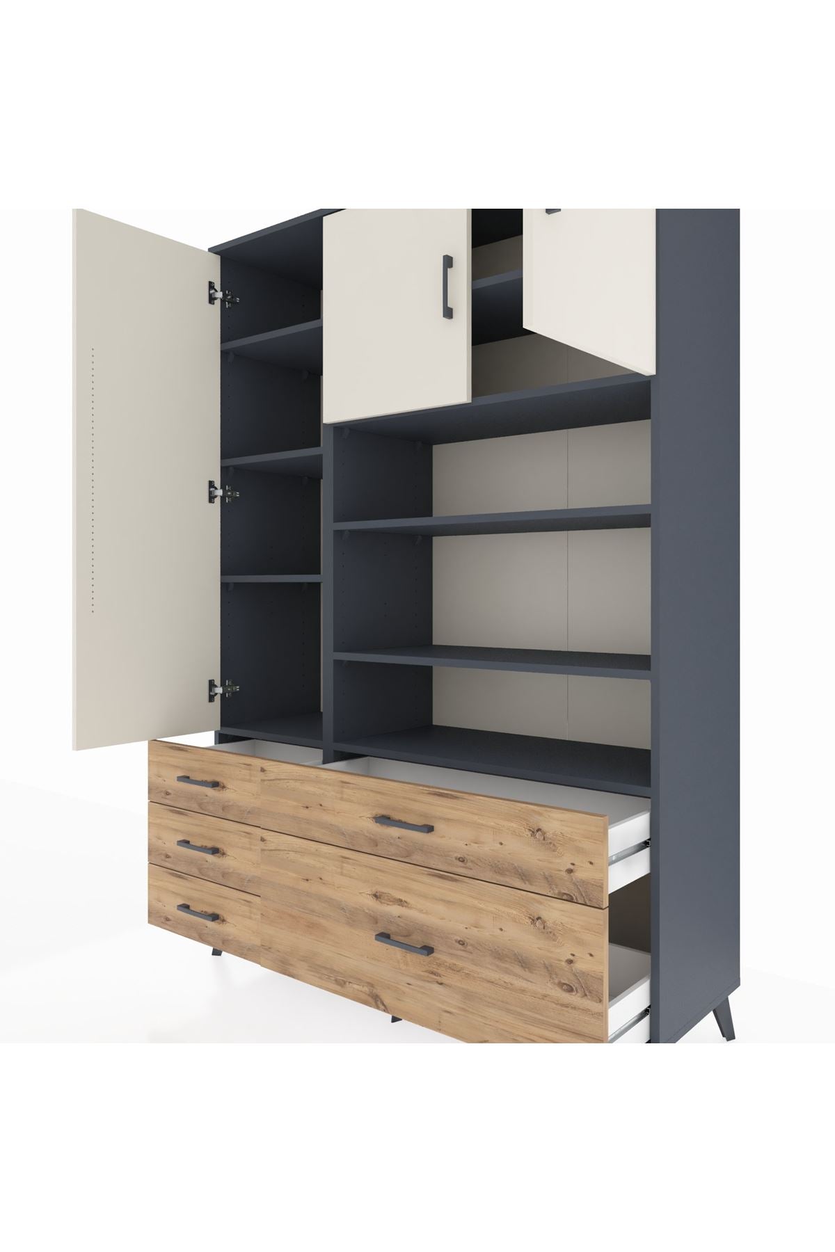Hyperion Dolap 9 Raflı 5 Çekmeceli 3 Kapaklı 132x44x195 Antrasit-Aytaşı/Çam