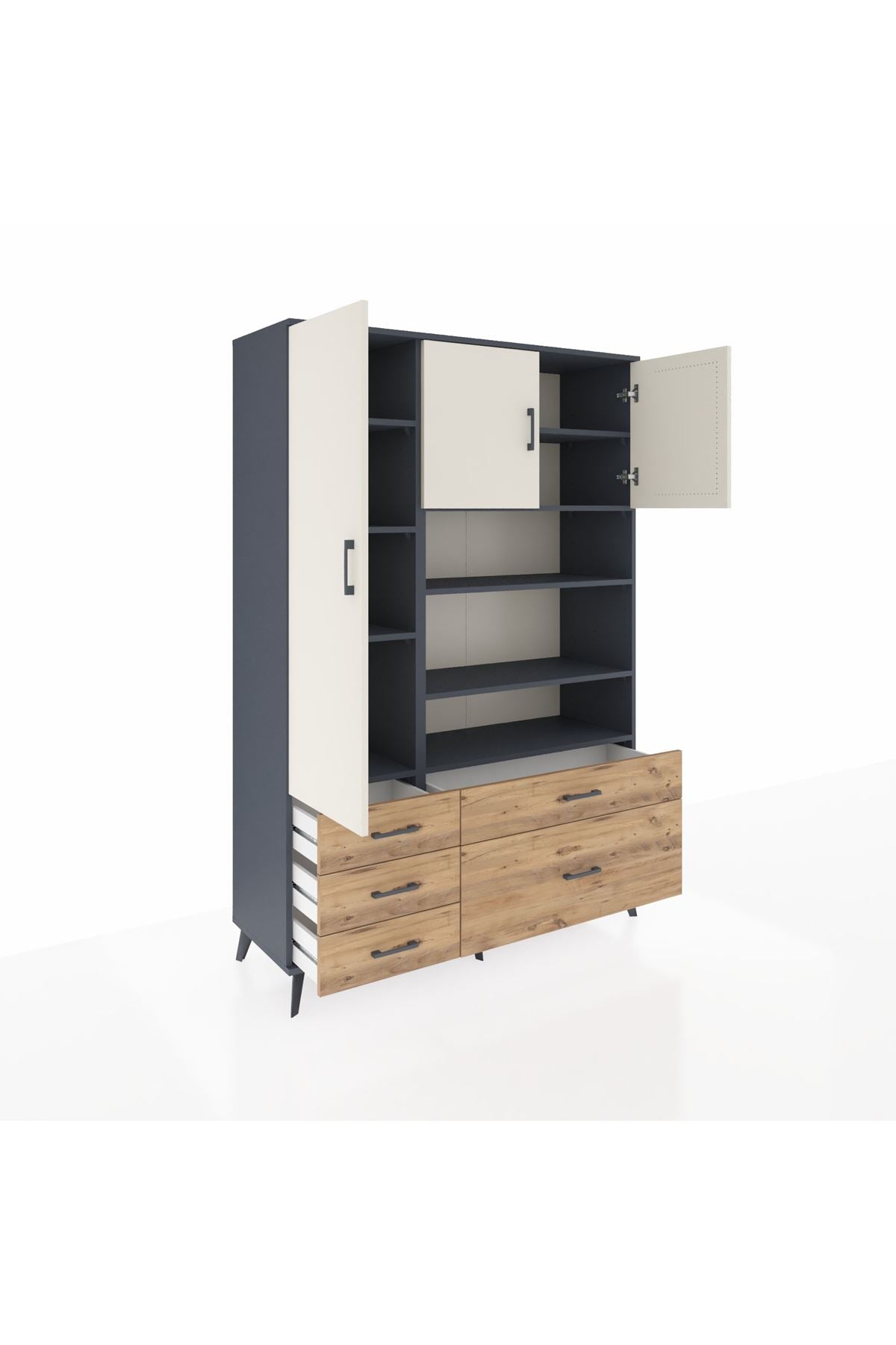 Hyperion Dolap 9 Raflı 5 Çekmeceli 3 Kapaklı 132x44x195 Antrasit-Aytaşı/Çam