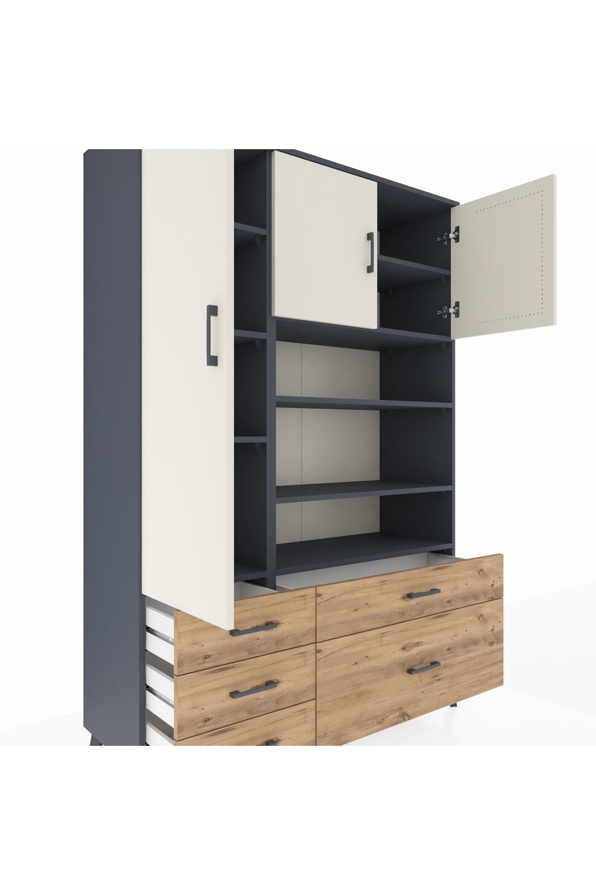 Hyperion Dolap 9 Raflı 5 Çekmeceli 3 Kapaklı 132x44x195 Antrasit-Aytaşı/Çam