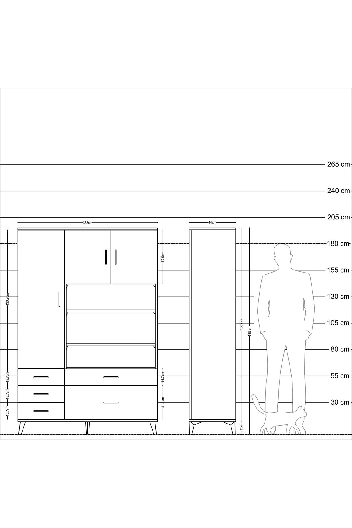 Hyperion Dolap 9 Raflı 5 Çekmeceli 3 Kapaklı 132x44x195 Antrasit-Aytaşı/Çam