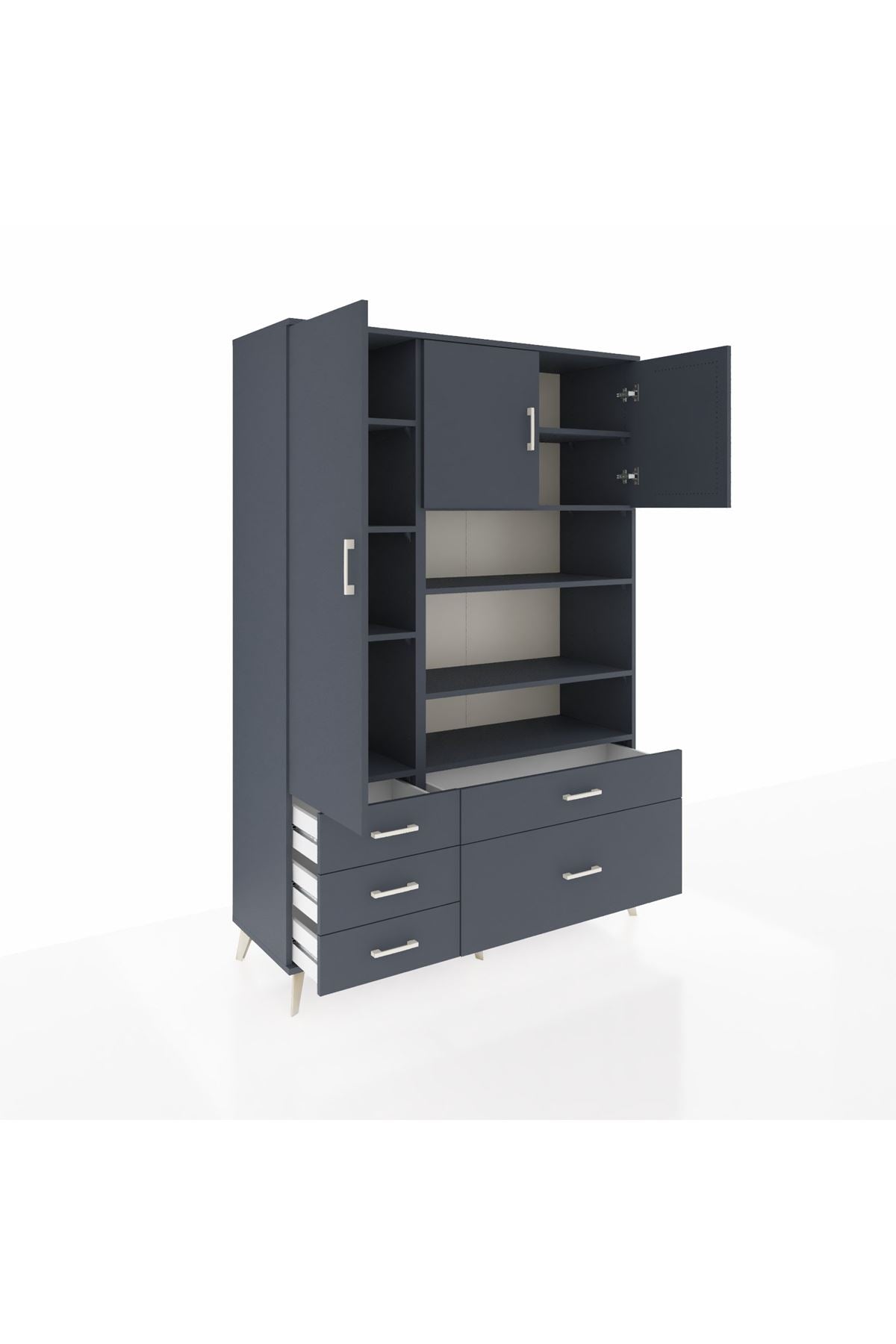 Hyperion Dolap 9 Raflı 5 Çekmeceli 3 Kapaklı 132x44x195 Antrasit-Antrasit/Antrasit